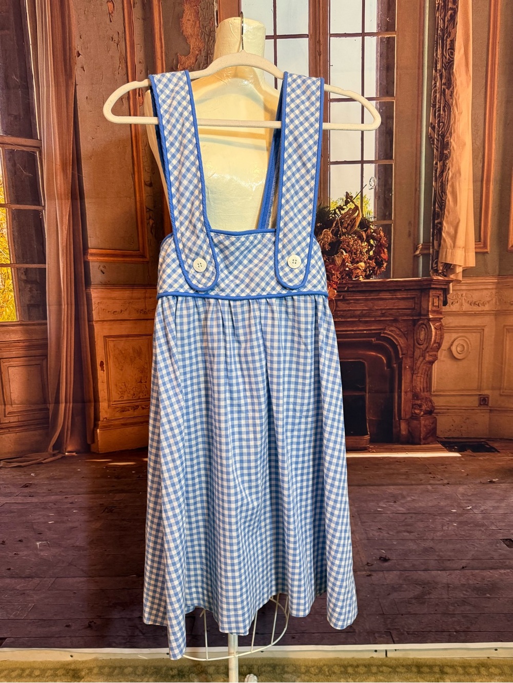 Wizard of Oz Dorothy Costume Halloween Blue Gingham Suspender Skirt Theater XS